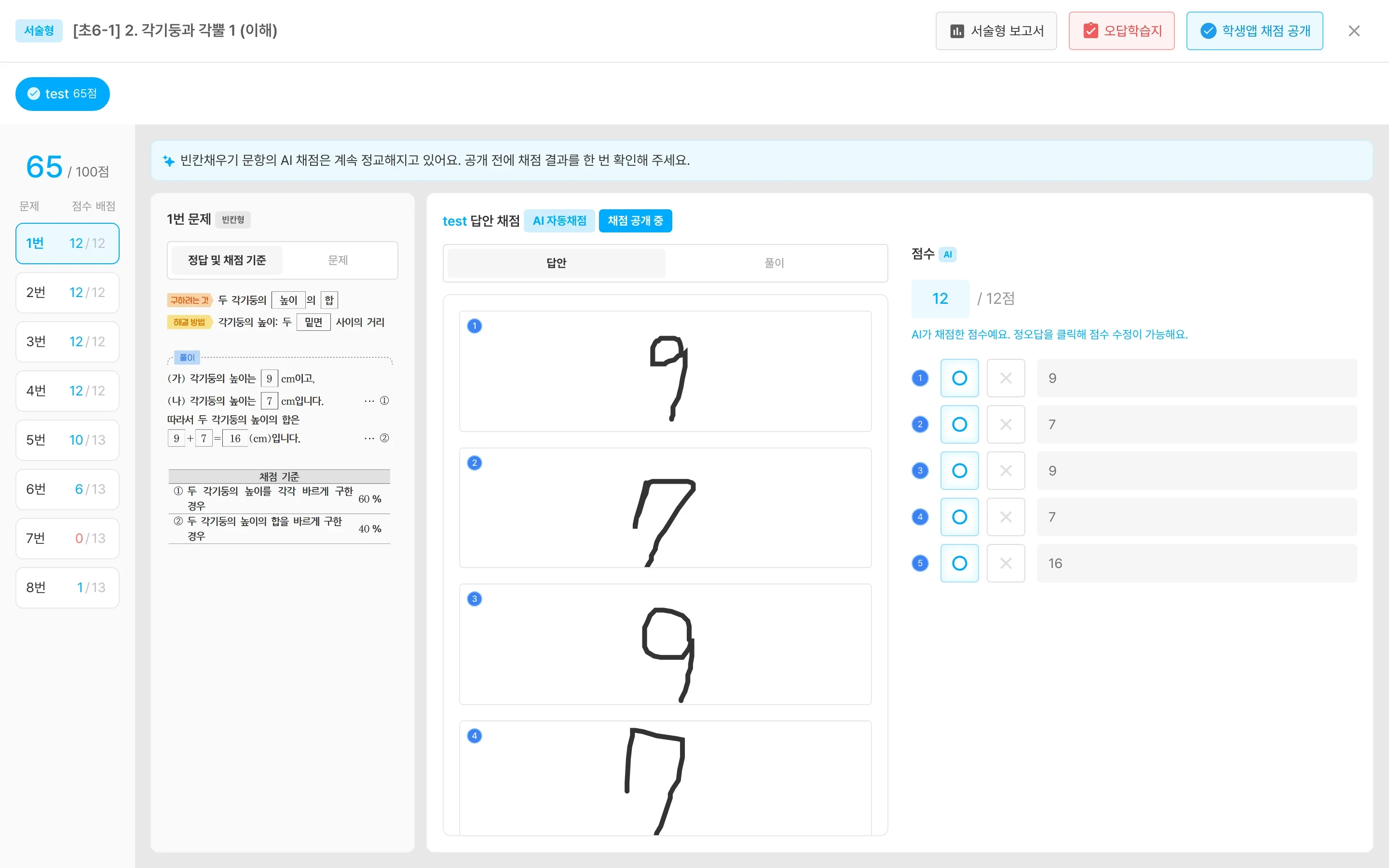 서술형 학습지 채점 화면 — 왼쪽에 문제별 점수, 총점(65/100점)이 보입니다.