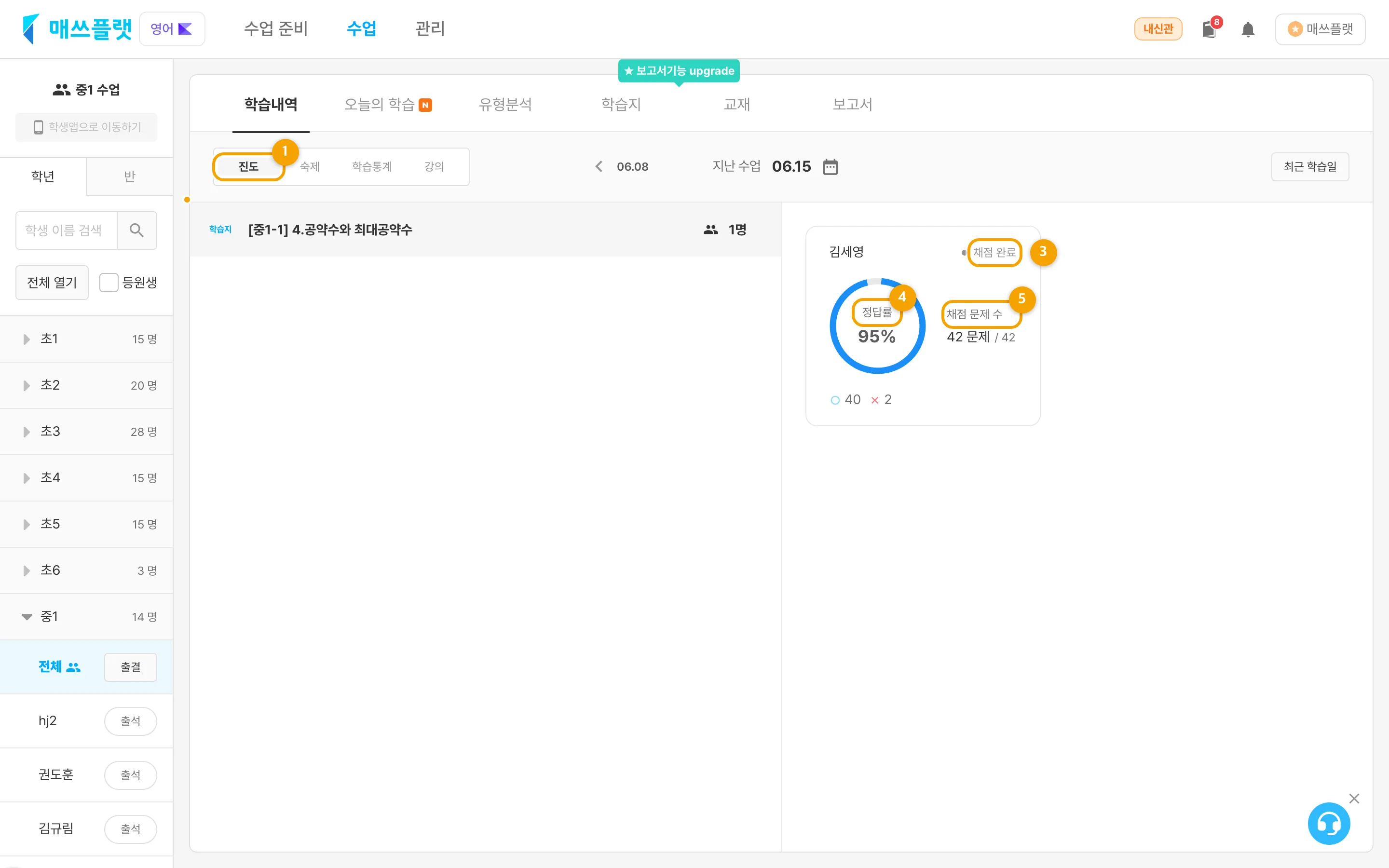`진도` 탭에서 학습지·교재별 정답률과 채점 현황, 맞고 틀린 문제 수가 표시된 화면